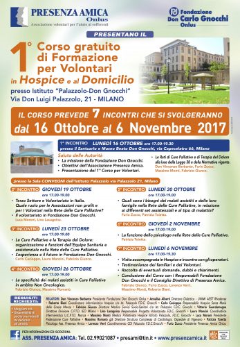 Presenza Amica e Fondazione Don Gnocchi promuovono il 1° Corso gratuito di Formazione per volontari in Hospice e al Domicilio